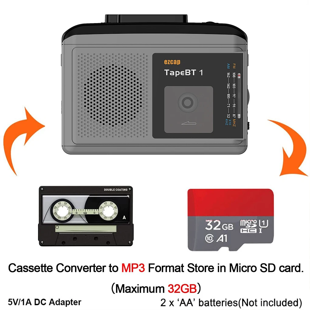

Ezcap233 Personal Portable Cassette Player with AM/FM radio Cassette to MP3 Converter save in Micro SD Card Tapes Player