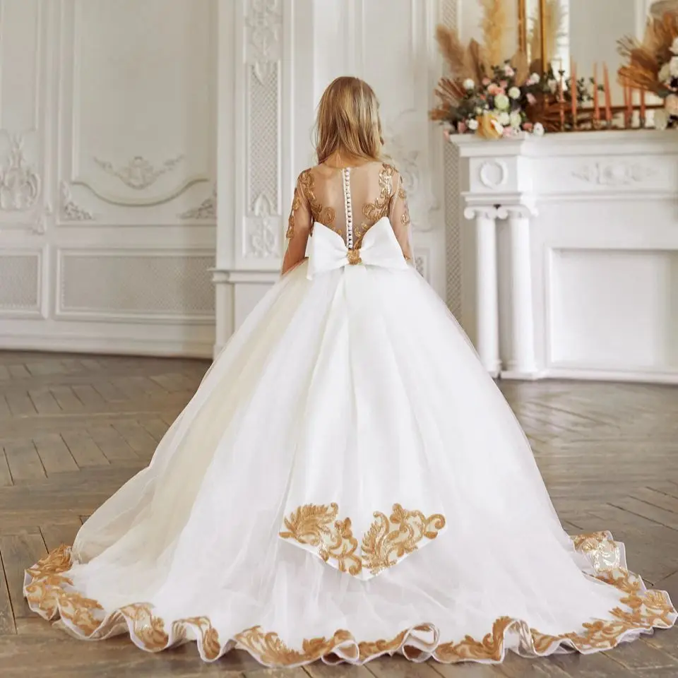 

White Tulle Gold Sequin Applique Flower Girl Dress Wedding Luxurious Little Flower Children's Communion Birthday Dress
