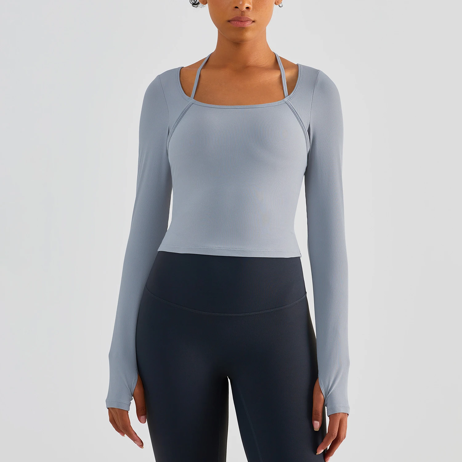 Yoga Shirts Gym Top Women Long Sleeve with Finger Tights Ribbed Sexy Neck Style Sportswear Women Sports T-shirt Yoga Top