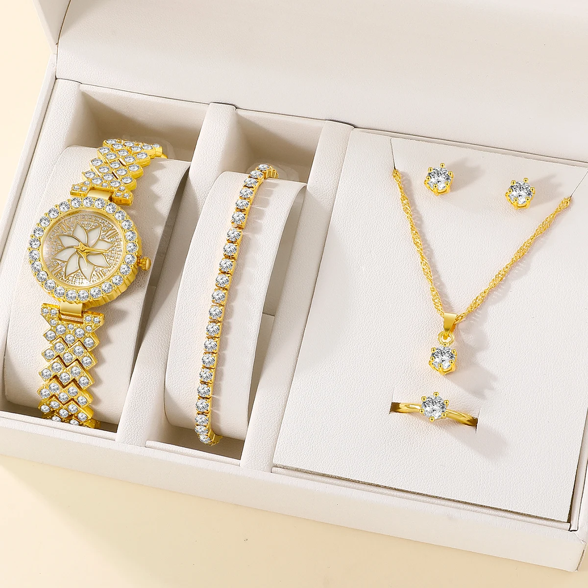 Высококачественные Женские кварцевые часы со стальным браслетом, роскошные золотые часы, браслет с бриллиантами, серьги, кольцо, ожерелье, набор [без коробки]