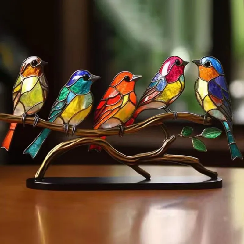 

Stained Acrylic Birds On Branch Desktop Bookshelf Ornaments Colorful Hundred Flowers Bird Pendant Bird Flock Series Decoration