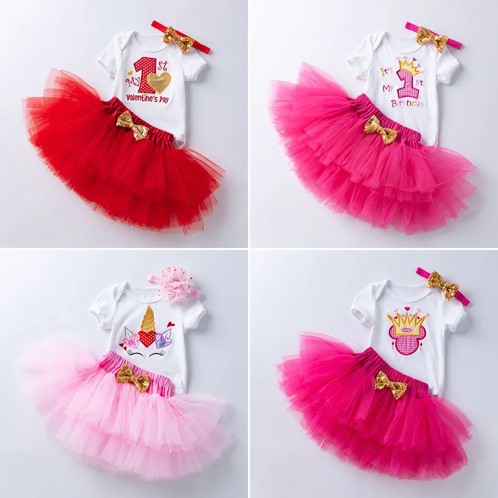 

Baby Girl Cartoon Valentine's Day Print White Short Sleeve Romper Red Tutu Set Baby Girl Fall Clothes Newborn Party Wear Infant