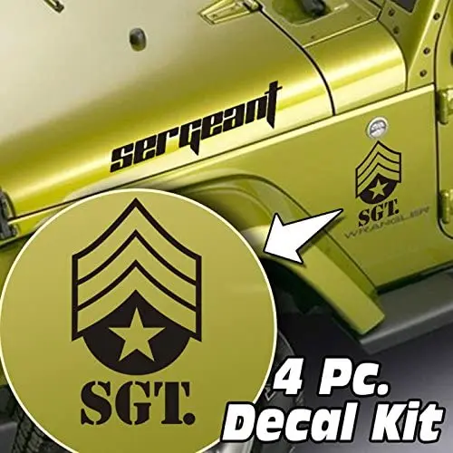 

4 Piece Side Hood & Fender Decal Kit Compatible with Jeep Wrangler LJ TJ JK JKU - Sergeant Badge - Black Stickers