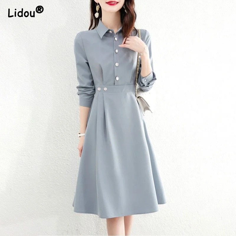 

Simple Grace Popularity Wild Women's Clothing Mid-calf Dresses Office Lady Solid Empirepullover Long Sleeve Spring Autumn Button