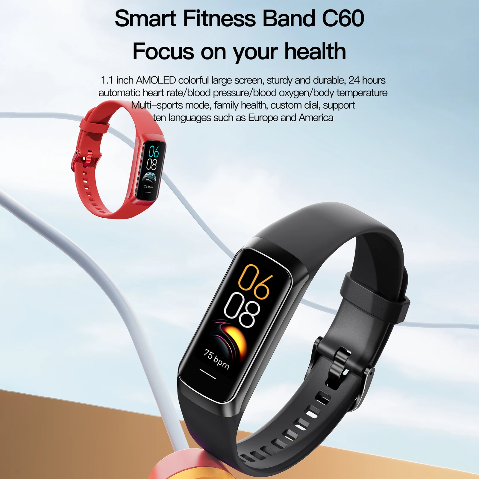 

C60 Smart Bracelet Body Temperature Bracelet Watch Sports Bracelet 3ATM Waterproof Heart Rate Blood Pressure Oxygen Monitoring