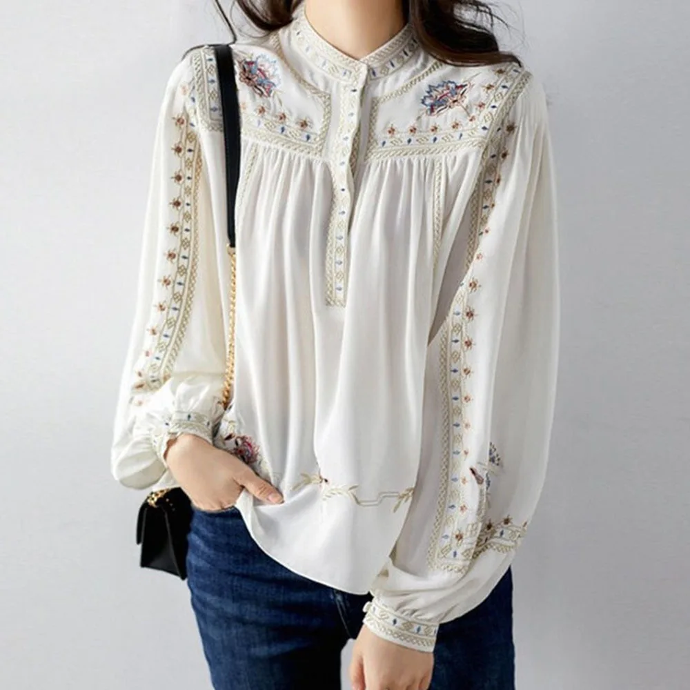 

Women Shirt 2023 Spring Autumn Vintage Print White Blouse Elegant Puff Long Sleeve Casual Tops Loose Korean Sweet Ladies Clothes