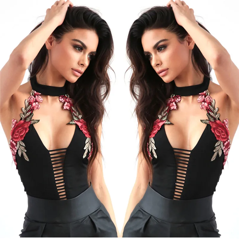 

Bodysuit One Piece Flower Embroidery Lingerie Backless Halter Bodysuit Sexy Deep V-Neck Bandage Jumpsuit Tops Romper