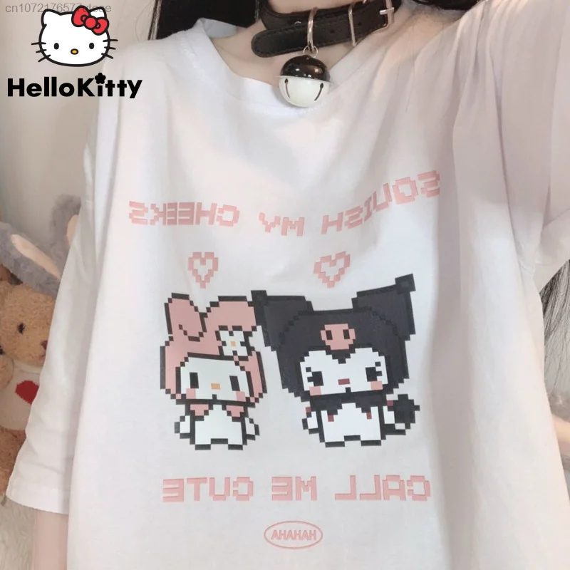 

Sanrio Melody Kuromi Y2k Kawaii Women T-shirt Korean Style Loose Top Summer Versatile Cotton Couple Casual Tops Pixel Clothes