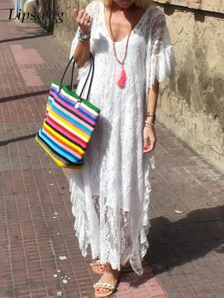 

New Women Short Sleeve Loose Maxi Dress Fashion Elegant Solid Color Lace Hollow Out Embroidery Dresses Female Summer Vestidos