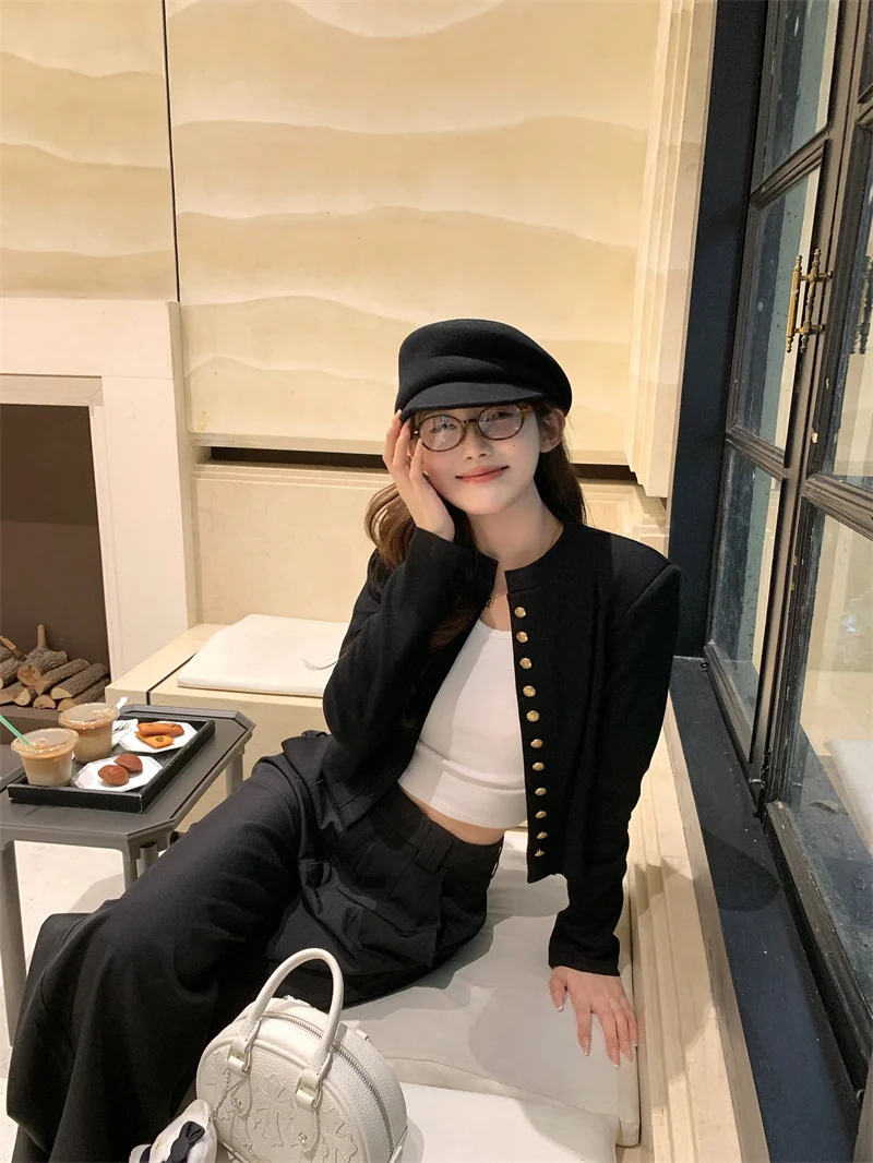 Pphome French sle изящная черная короткая верхняя одежда женская осенне-зимняя