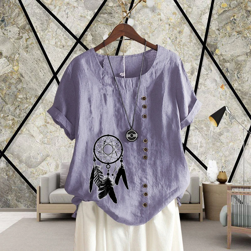 

Женская футболка с принтом «Ловец снов», свободная стильная футболка с круглым вырезом, из хлопка и льна, Повседневная стильная футболка с п...