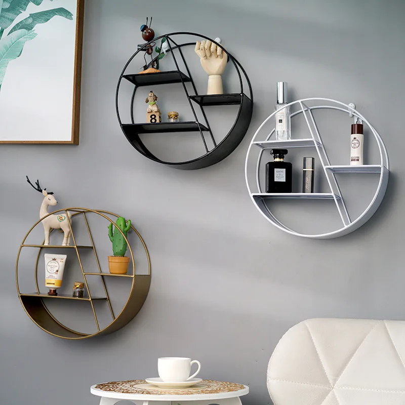 

Nordic Style Iron Wall Shelf Decoration Wall-Mounted Round Hexagonal Storage Shelves Living Room Bedroom Rack Home Organizer