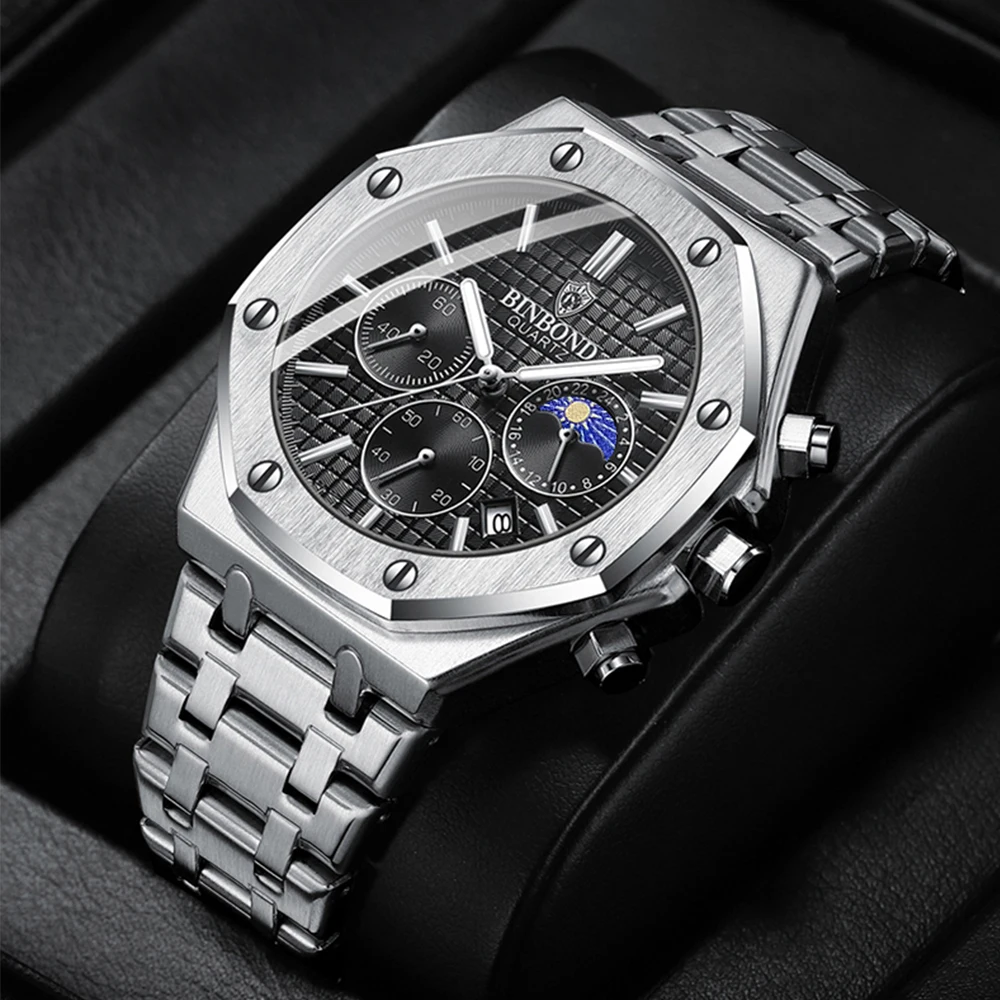 Классические мужские часы BINBOND оригинальные кварцевые наручные из тонкой стали