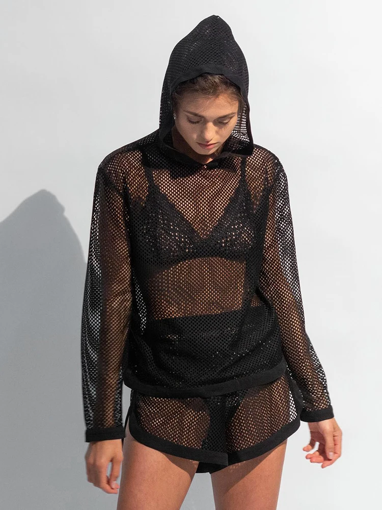 

Linad Hoodie Set Woman 2 Pieces Hollow Out Mesh Long Sleeve Casual Suits With Shorts Loose Female Sleepwear Fashion Summer 2022
