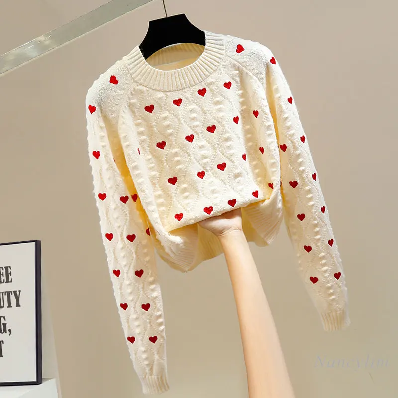 

Loving Heart Embroidered Crew Neck Sweater for Women Fashion Color Contrast Sweet Pullover Short Rhombus Sweater Top Fall Winter