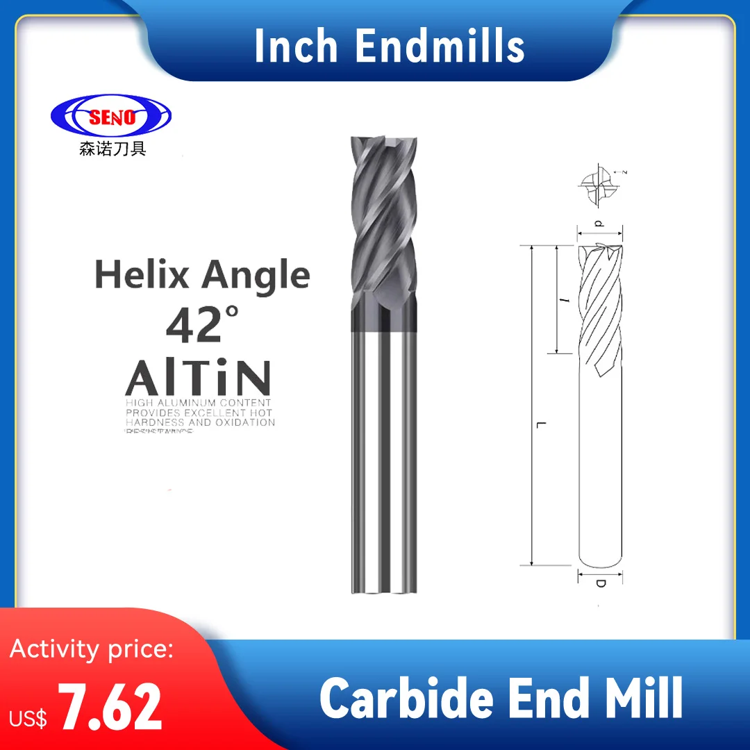 

SENO HRC55 4 Flute Carbide Square End Mill 1/8 3/16 1/4 5/16 3/8 1/2" Inch CNC Milling Cutter Metal Steel Tools 3.175MM 12.7MM
