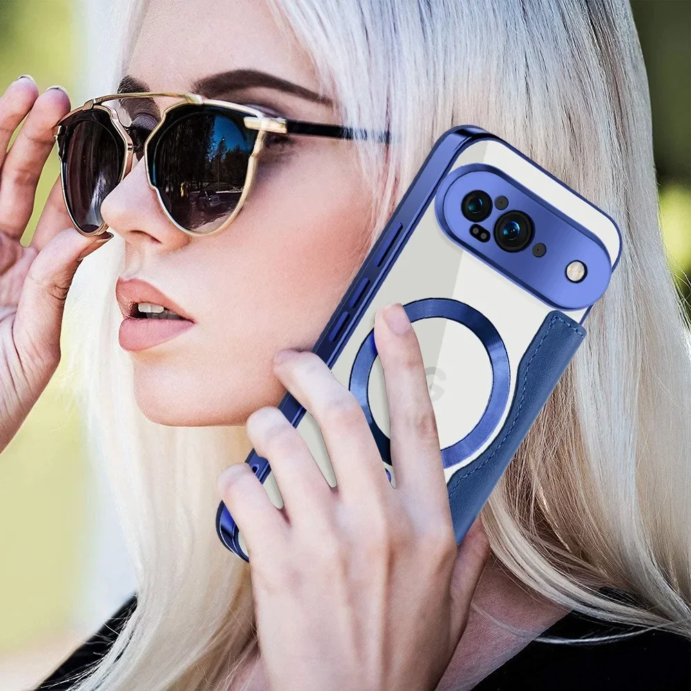 Magnetic Leather Flip Case for Google Pixel 9 Pro XL 8A 7A Shockrpoof Magsafe Wireless Charge Card Slots Pocket Holder Cover