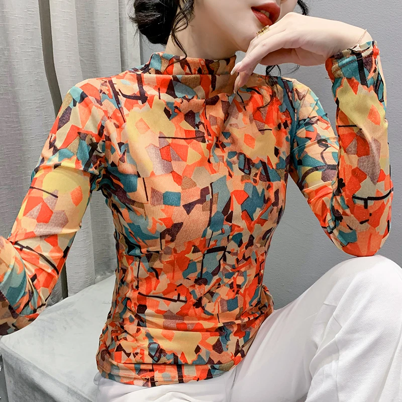 

2022 Autumn/Winter Fashion New Printed High Collar Slim Mesh Fabric Base Red Maple Leaf Spring T-shirt Women's Top Free Shipping