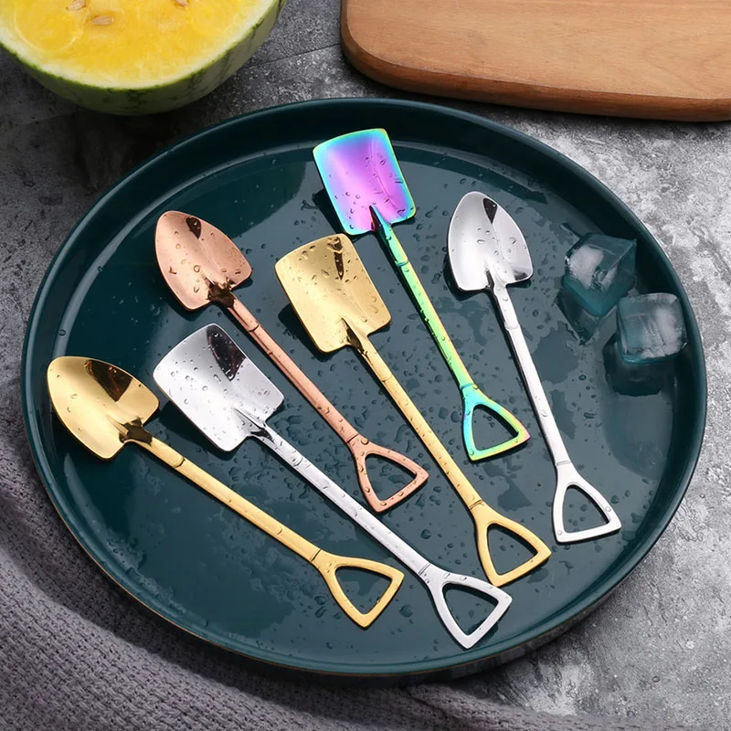 

2Pcs Stainless Steel Iron Shovel Spoon Dessert Coffee Ice Cream Spoon Engineering Shovel Retro Square Head Spoon Kitchen Gadget