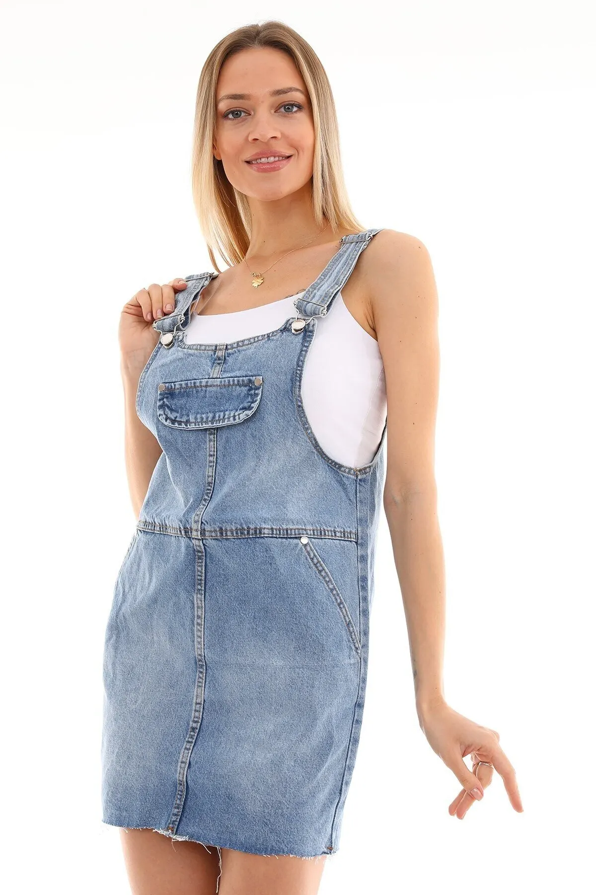 

Women's Overalls Blue Pocket Flap Detailed Denim Dress Hot Casual Fashion Sleeveless Baggy Trousers Overalls