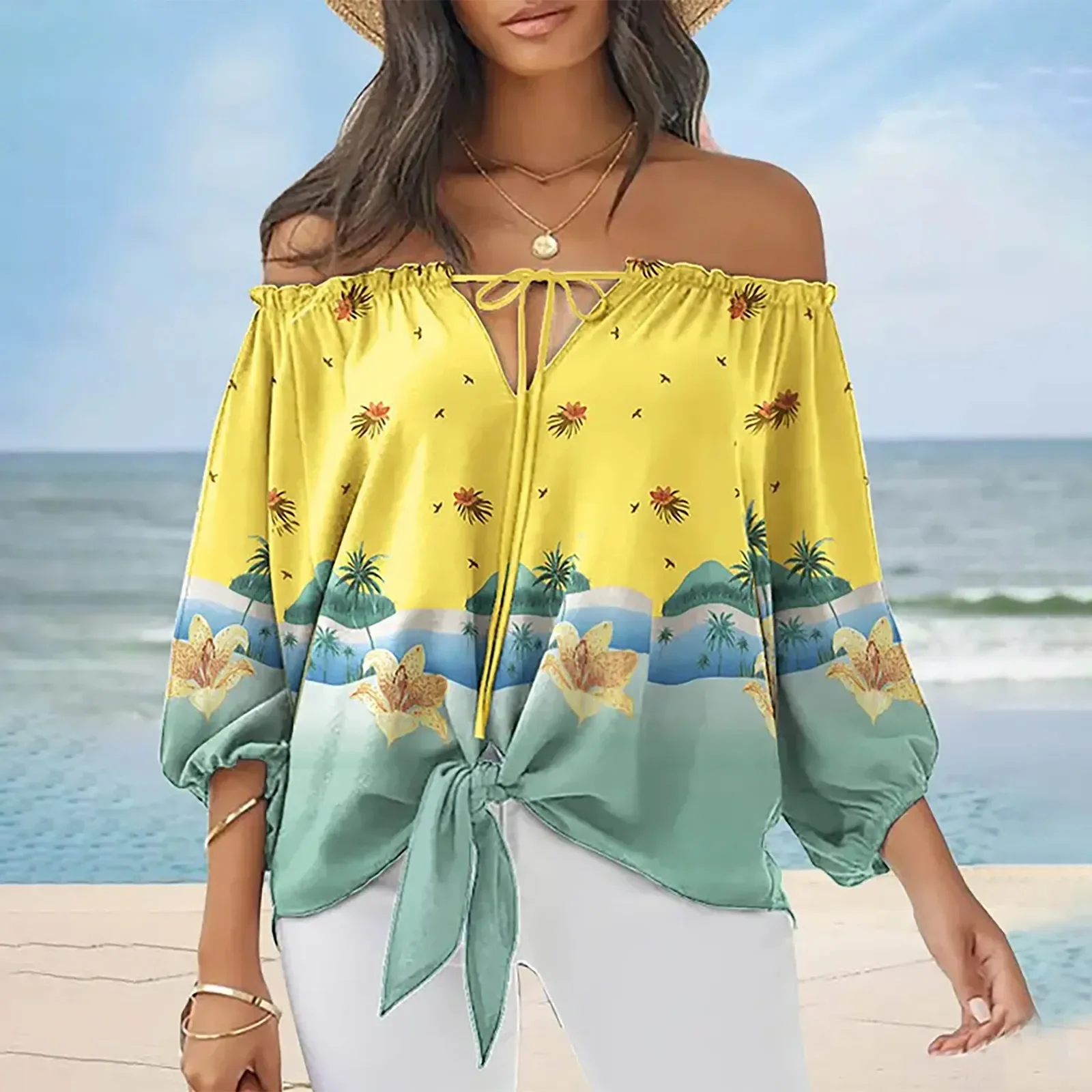 

2022 Shirt Women T-shirts Sleeveless Casual Fashion Print Tops Tie Off Shoulder High Street Female Elegant Blouse T-shirt Summer