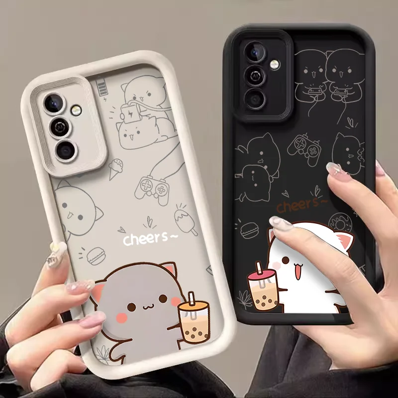 Фото Чехол для пары с рисунком персикового моти и кота для Samsung S25 S24 S23 S22 S21 S20 Plus FE Note 20 Ultra M55 с милыми животными в парном мягком чехлы №1