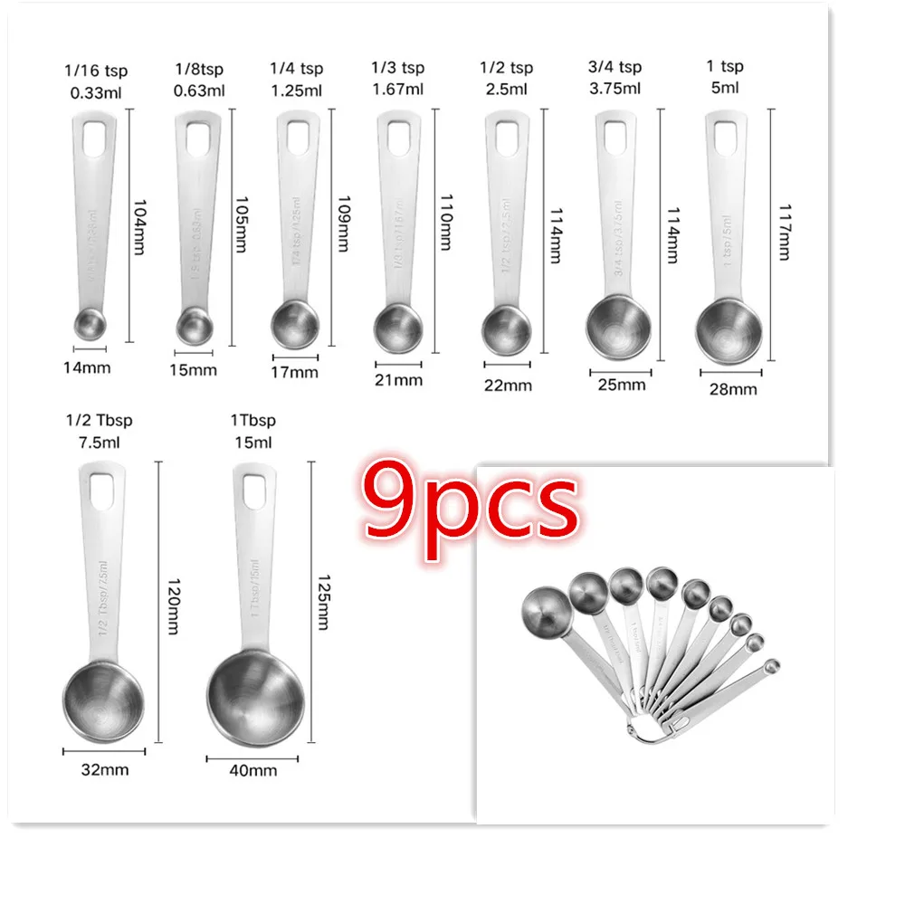 

9pcs Stainless Steel Measuring Spoon Set Kitchen Scale Baking Accessories Coffee Beans Cream Food Seasoning Flour Measuring Tool