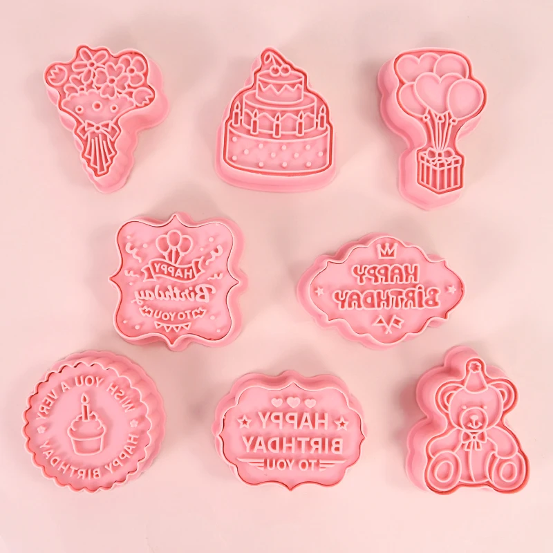 

8pcs Happy Birthday Theme Cookie Cutter Cake Bear Flower Biscuit Mold Cookie Stamp Baking Pastry Bakeware for Birthday Party