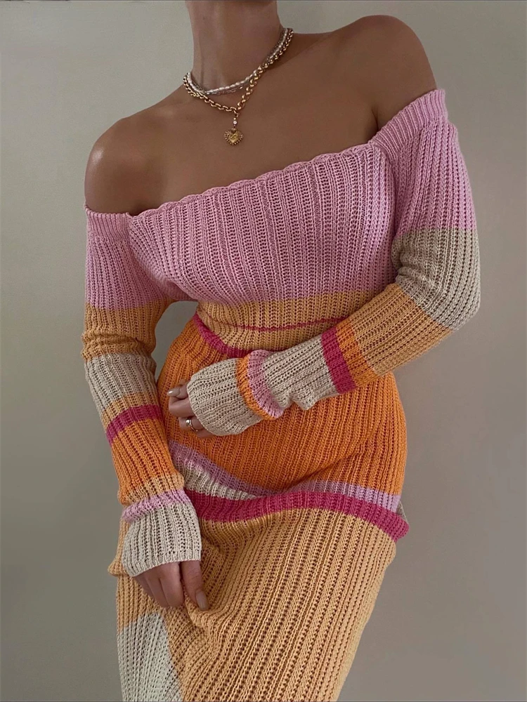 Купи Long Sleeve Bodycon Long Dresses Fashion Casual Robe 2022 Autumn Y2K Maxi Women Sexy Beach Party Knitted Off Shoulder Even Dress за 774 рублей в магазине AliExpress