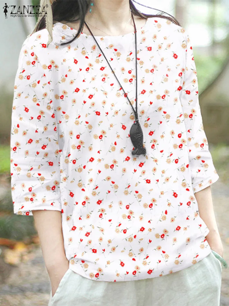 

ZANZEA Casual 2023 Flower Print Tunics Bohemian Sweet Shirts Women Fashion Round Neck Blouses Holiday Vintage 3/4 Sleeve Tops