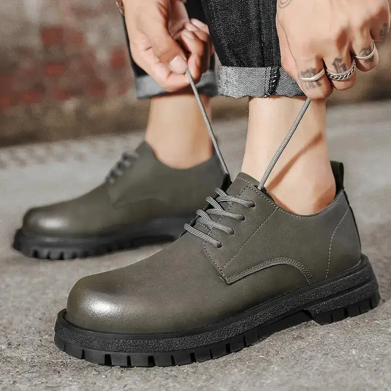 

Men's Spring Autumn Leather Casual Sports Shoes Thick Sole Non Slip Breathable British Style Casual Leather Shoe Work Shoes