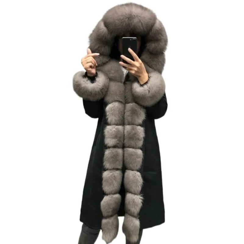 Enlarge Real Rabbit Fur Lining Winter Warm Real Fox Fur Fur Collar Long Hooded Fur Coat Women 's Winter Fox Fur Parka Coat , Jacket