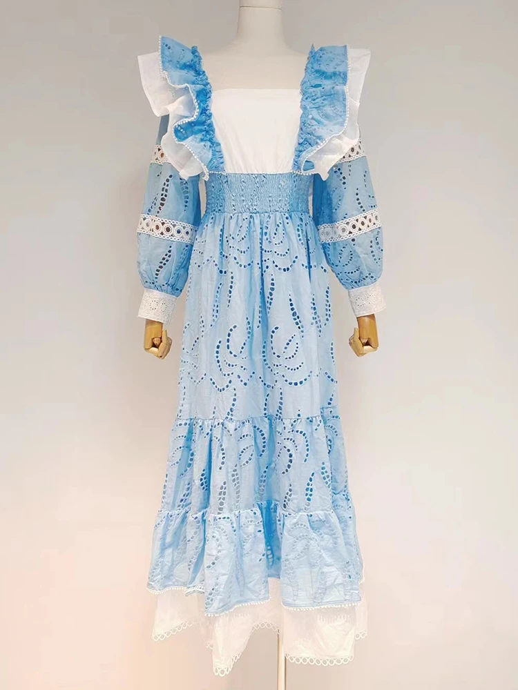 

Blue Color Ruffle Women Long Dress Lantern Sleeve Spring Casual Dresses Female Style Y2k Clothes