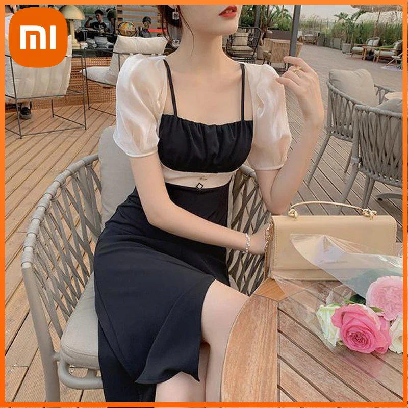

Xiaomi French Vintage Midi Dress Women Casual Short Sleeve Design Elegant Sexy Dress Office Lady One Piece Dress Korean Summer