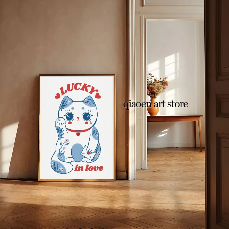 Постеры на холсте с японским счастливым котом картина кавайные Манеки Неко