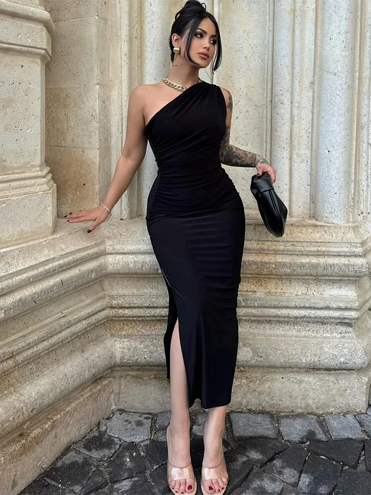 Длинное облегающее платье с Боковым Разрезом открытой спиной и высокой талией