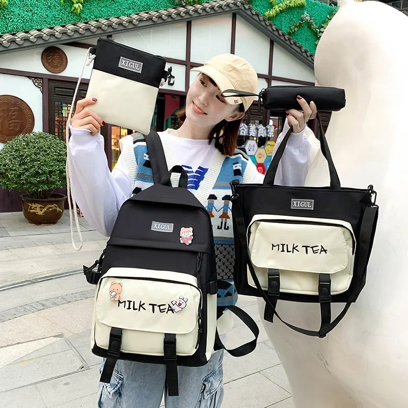 

Набор из 4 в 1, школьный рюкзак, женский рюкзак в Корейском стиле, милые вместительные холщовые рюкзаки для девочек