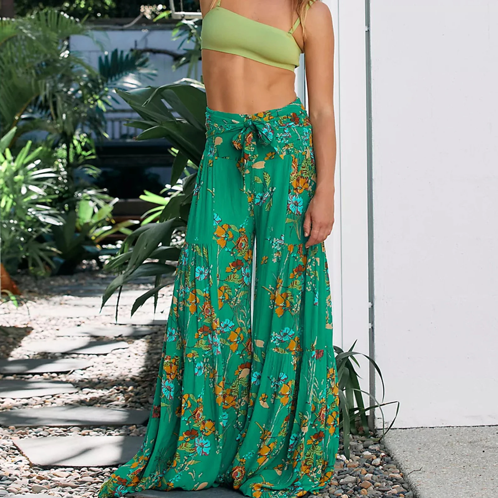 

Women Beach Pants Digital Printing Ladies Wide Leg Trousers Polyester Bohemian Style Loose High Waist Lace Up for Party