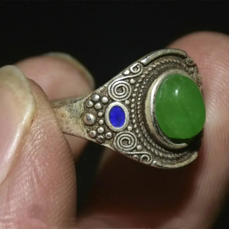 1&quot Old Chinese Silver Inlay Green Jade Dynasty Palace Jewelry Finger Ring | Statues &amp Sculptures
