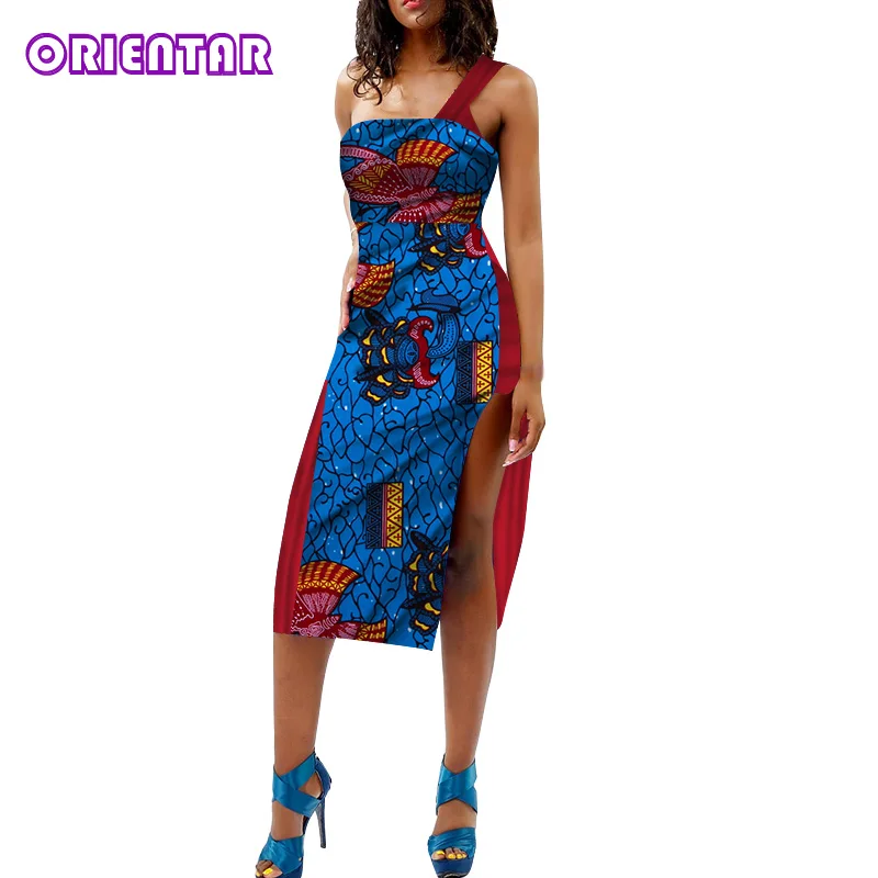 Summer Off Shoulder Dress for Women African Print Split Dress Evening Party Bazin Riche Women Dashiki Dresses Plus Size WY5217