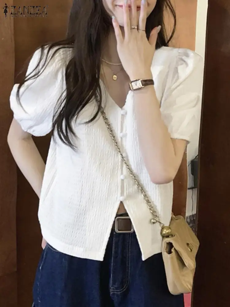 

ZANZEA Women Sweet Chic Blouse Summer V Neck Puff Sleeve Tunic Tops Female Elegant Work OL Shirt Buttons Up Blusas Party Blouses