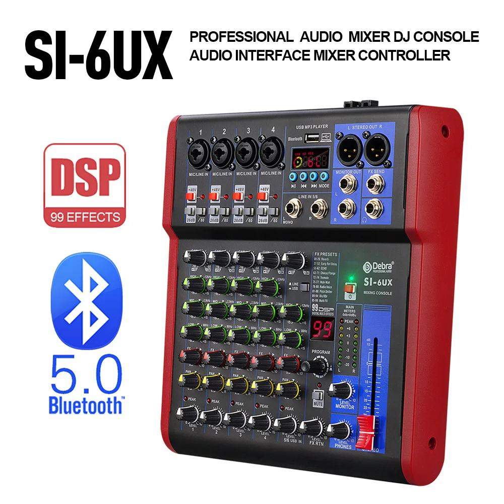 Debra Pro 6 Channel DJ Controlle With 99DSP Reverb Effect Bluetooth 5.0 USB Mixer USB For Karaoke PC Recording Condenser Mic