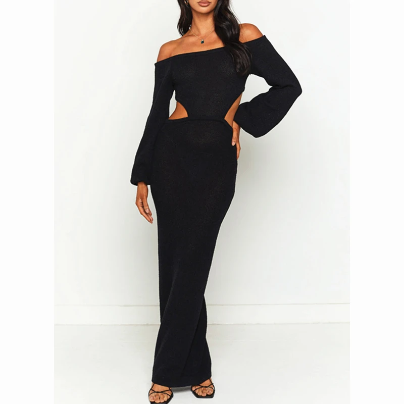 

Осенне-весеннее вязаное облегающее платье, женские однотонные черные платья с длинным рукавом и открытыми плечами, женские Клубные платья ...