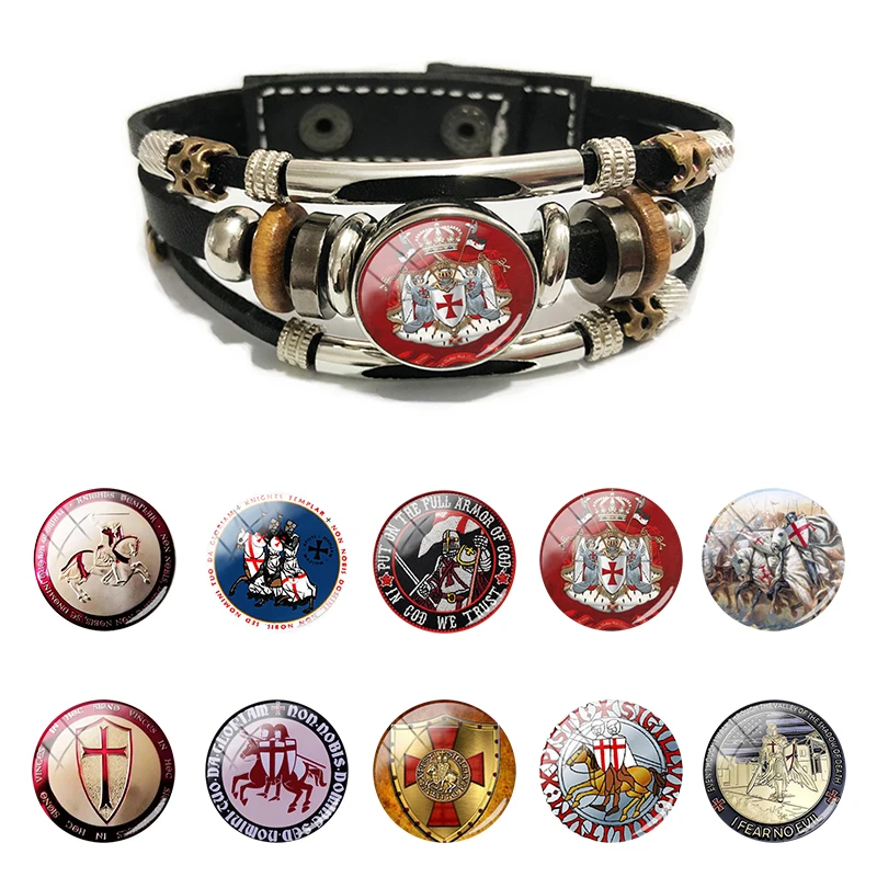 

Religious Leather Bracelet Knights Templar Glass Cabochon Charm Christian The Crusaders Jewelry Gift For Friend QKT201