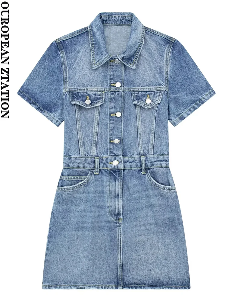 

PAILETE Women 2023 fashion patch pockets denim mini shirt dress vintage short sleeves front button female dresses vestidos mujer