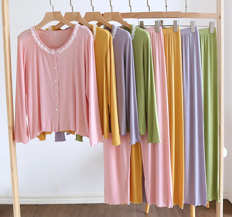 Girl Modal Home Wear Lady Loungewear Crewneck Lace Four Season Thin Fresh Outdoor Great Elasticity Two Piece Set Nightwear Women