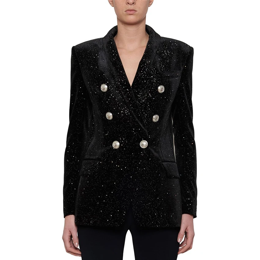 HIGH QUALITY New Fashion 2023 Fall Winter Designer Blazer Women's Lion Buttons Sheer Star Silver Glitter Velvet Blazer Coat