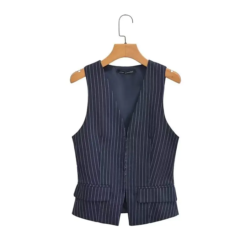 

TRAF Women Fashion V Neck Striped Print Slim Vest Jacket Office Ladies Sleeveless Single Buckle Business WaistCoat Tops