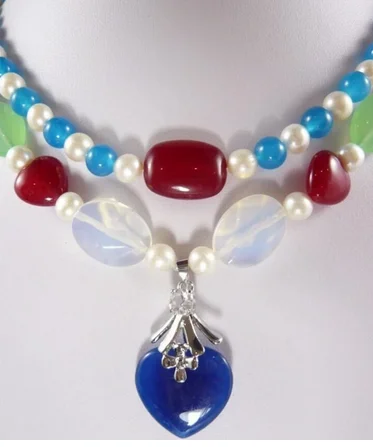 

Free shipping trendy mixed white pearl colourful jade necklace +heart pendant