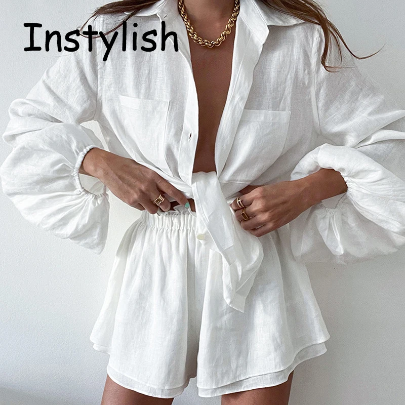 

Elegant Cotton Linen Blouse and Shorts Set Summer Vacation Lantern Sleeve Harajuku Top Elastic Waist Shorts Suit Women Outfits